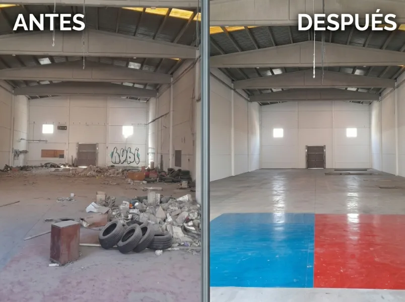 Nave industrial antes y después de la limpieza