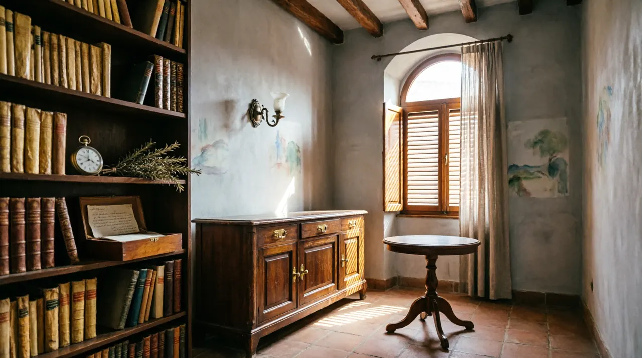 Habitación antigua con muebles y libros en una vivienda heredada en Barcelona
