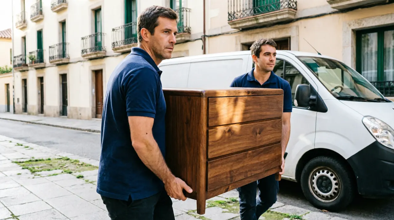 Profesionales trasladando un mueble en buen estado para su donación o segunda vida en Barcelona