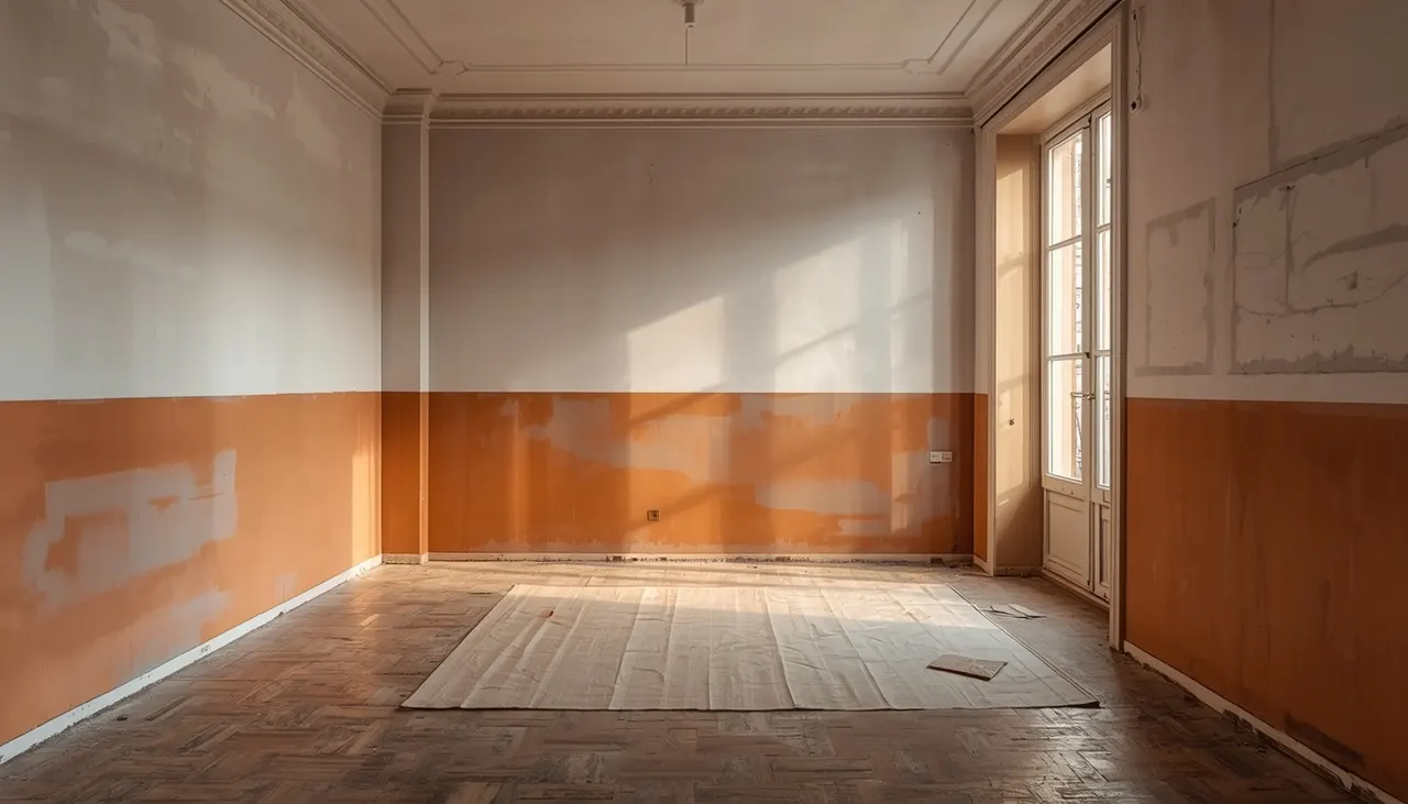 Piso vacío en Barcelona con una pared en proceso de pintado antes de la venta